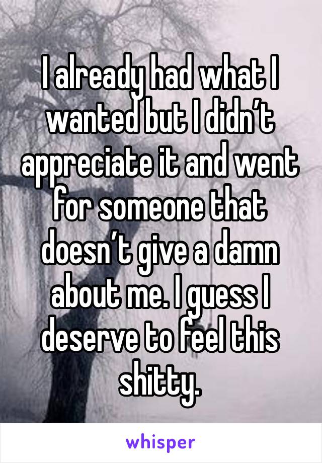I already had what I wanted but I didn’t appreciate it and went for someone that doesn’t give a damn about me. I guess I deserve to feel this shitty.  