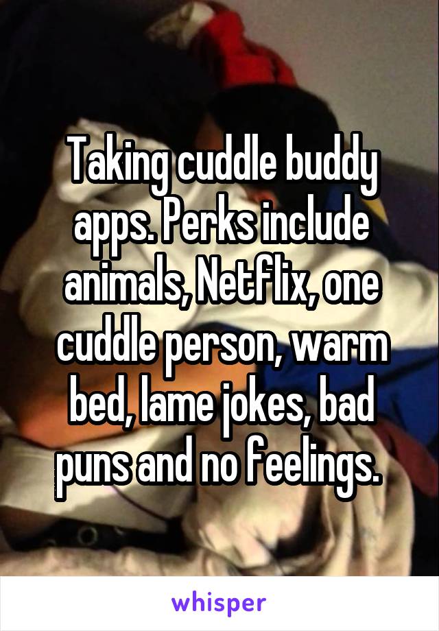 Taking cuddle buddy apps. Perks include animals, Netflix, one cuddle person, warm bed, lame jokes, bad puns and no feelings. 