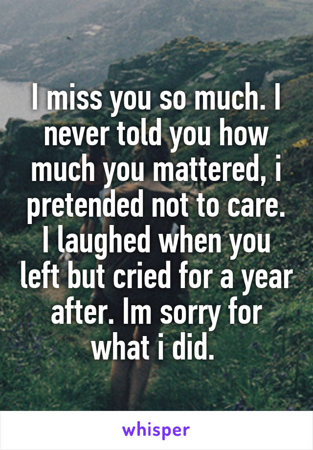 I miss you so much. I never told you how much you mattered, i pretended not to care. I laughed when you left but cried for a year after. Im sorry for what i did. 