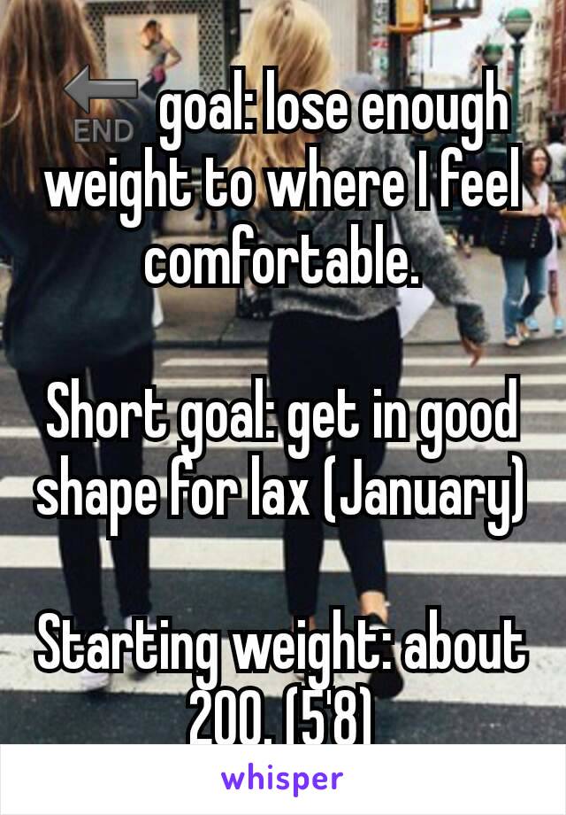 🔚 goal: lose enough weight to where I feel comfortable.

Short goal: get in good shape for lax (January)

Starting weight: about 200. (5'8)