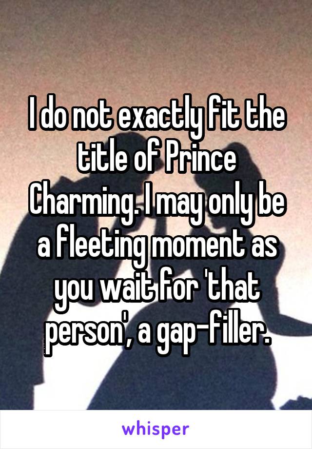 I do not exactly fit the title of Prince Charming. I may only be a fleeting moment as you wait for 'that person', a gap-filler.