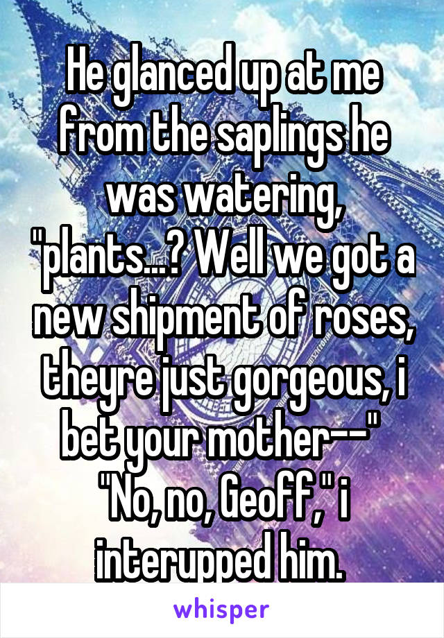 He glanced up at me from the saplings he was watering, "plants...? Well we got a new shipment of roses, theyre just gorgeous, i bet your mother--" 
"No, no, Geoff," i interupped him. 