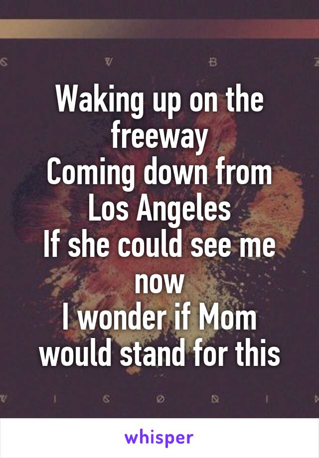 Waking up on the freeway
Coming down from Los Angeles
If she could see me now
I wonder if Mom would stand for this