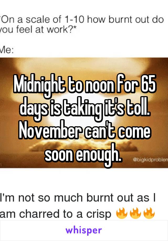 Midnight to noon for 65 days is taking it's toll. November can't come soon enough. 