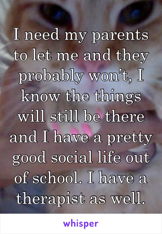 I need my parents to let me and they probably won’t, I know the things will still be there and I have a pretty good social life out of school. I have a therapist as well.