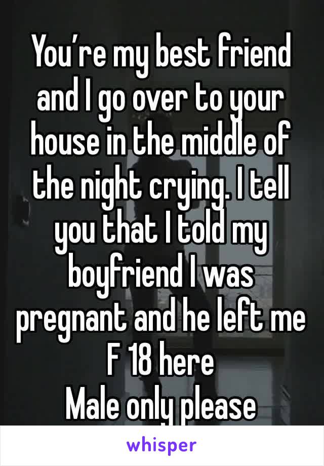 You’re my best friend and I go over to your house in the middle of the night crying. I tell you that I told my boyfriend I was pregnant and he left me
F 18 here
Male only please