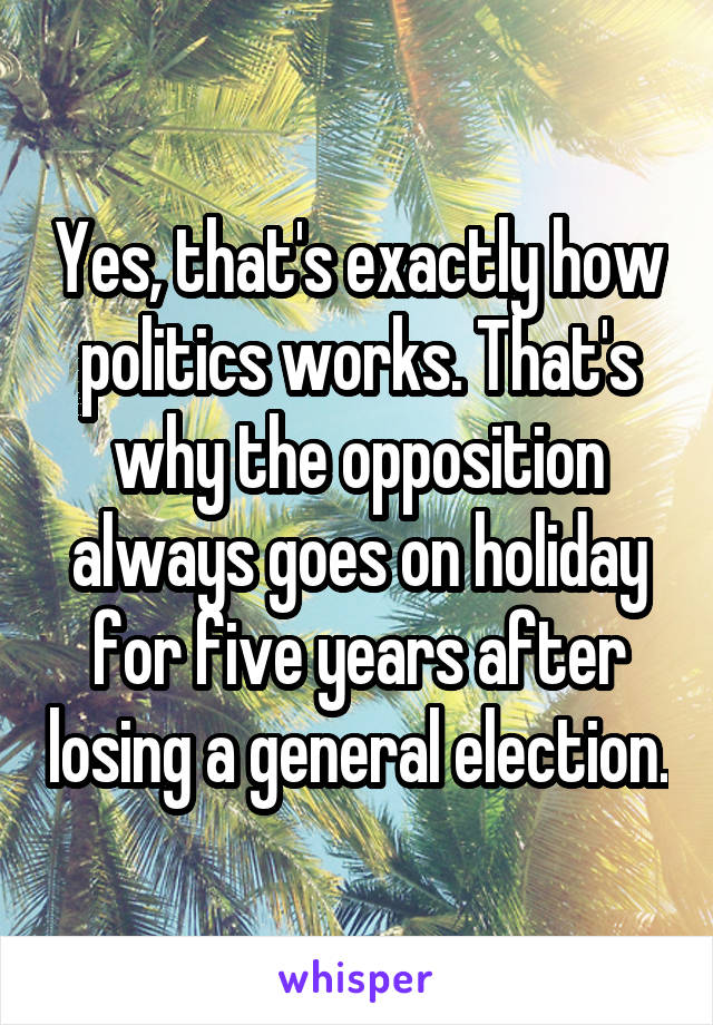Yes, that's exactly how politics works. That's why the opposition always goes on holiday for five years after losing a general election.