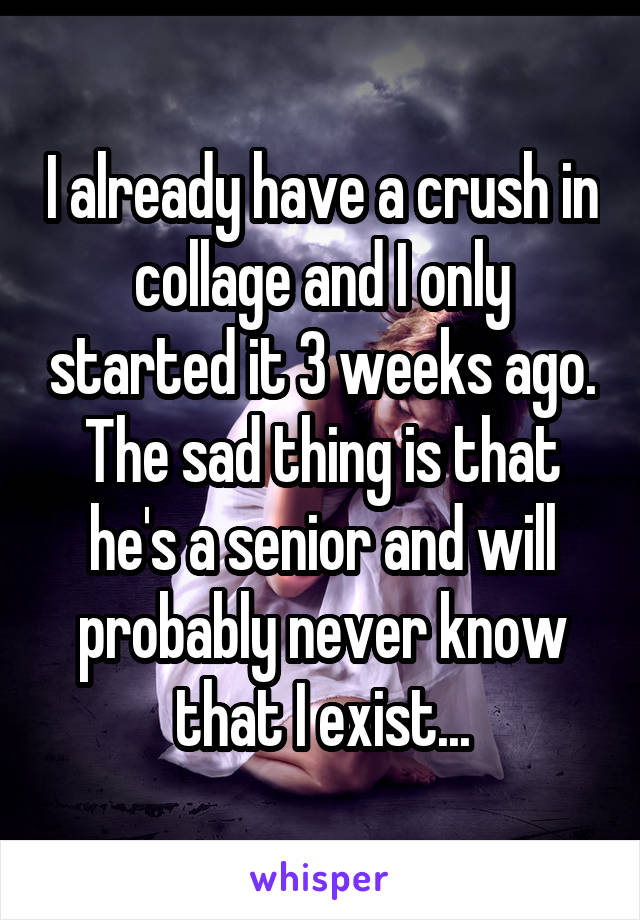 I already have a crush in collage and I only started it 3 weeks ago.
The sad thing is that he's a senior and will probably never know that I exist...