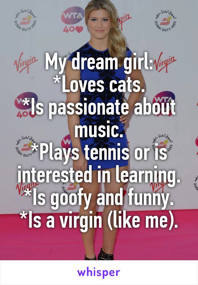 My dream girl:
*Loves cats.
*Is passionate about music.
*Plays tennis or is interested in learning.
*Is goofy and funny.
*Is a virgin (like me).