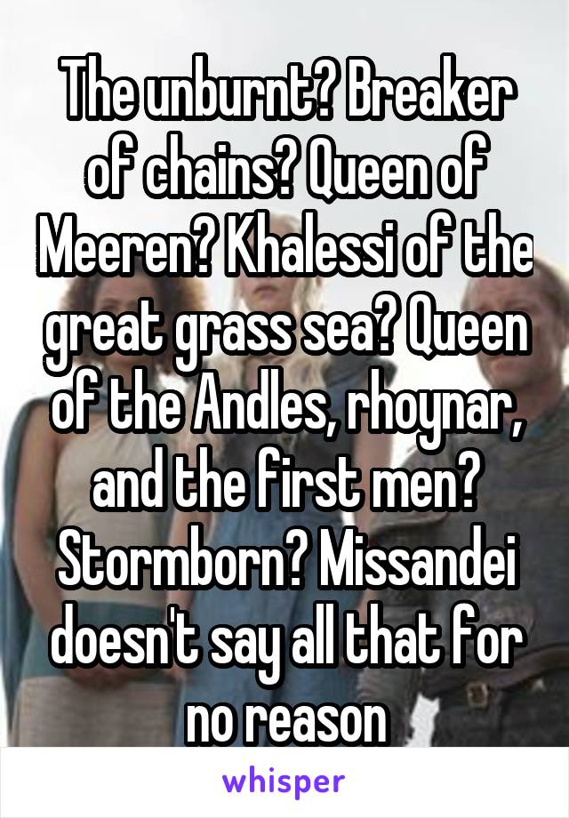 The unburnt? Breaker of chains? Queen of Meeren? Khalessi of the great grass sea? Queen of the Andles, rhoynar, and the first men? Stormborn? Missandei doesn't say all that for no reason