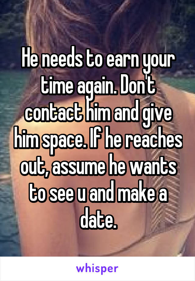 He needs to earn your time again. Don't contact him and give him space. If he reaches out, assume he wants to see u and make a date.