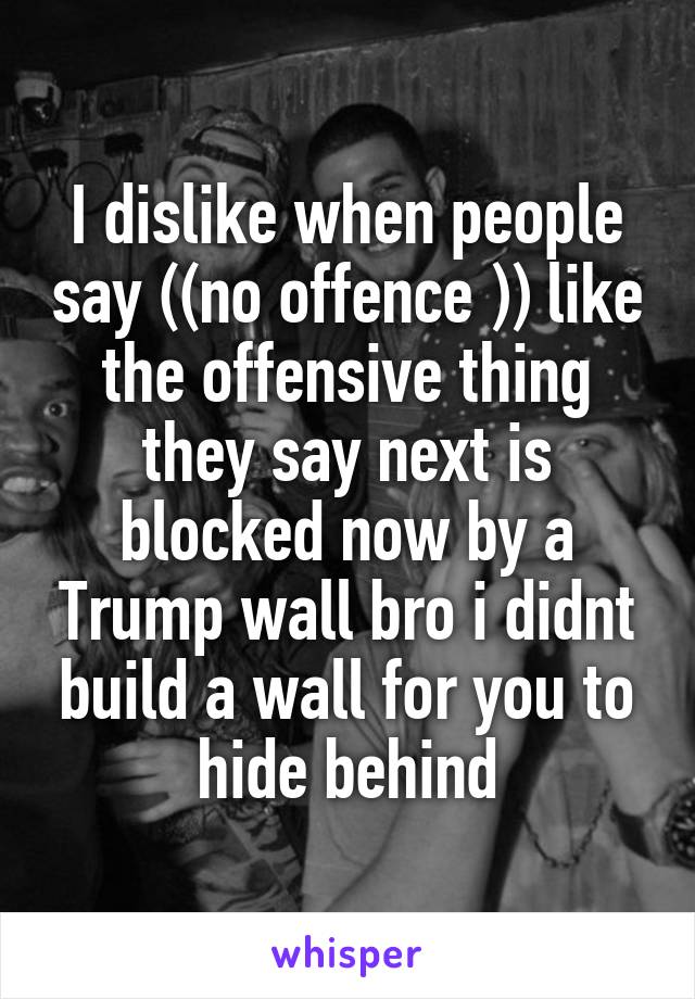 I dislike when people say ((no offence )) like the offensive thing they say next is blocked now by a Trump wall bro i didnt build a wall for you to hide behind