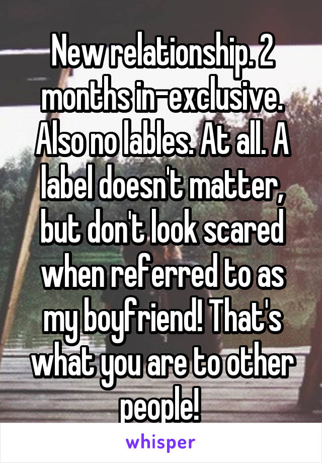 New relationship. 2 months in-exclusive. Also no lables. At all. A label doesn't matter, but don't look scared when referred to as my boyfriend! That's what you are to other people! 