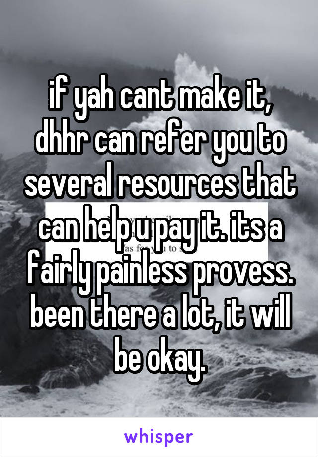 if yah cant make it, dhhr can refer you to several resources that can help u pay it. its a fairly painless provess. been there a lot, it will be okay.