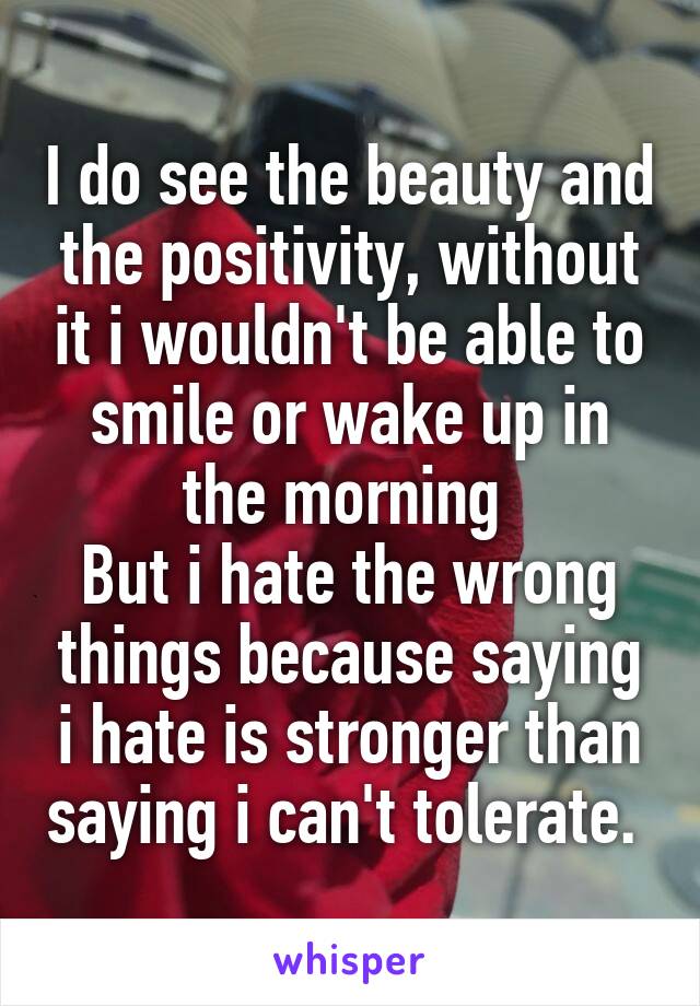 I do see the beauty and the positivity, without it i wouldn't be able to smile or wake up in the morning 
But i hate the wrong things because saying i hate is stronger than saying i can't tolerate. 
