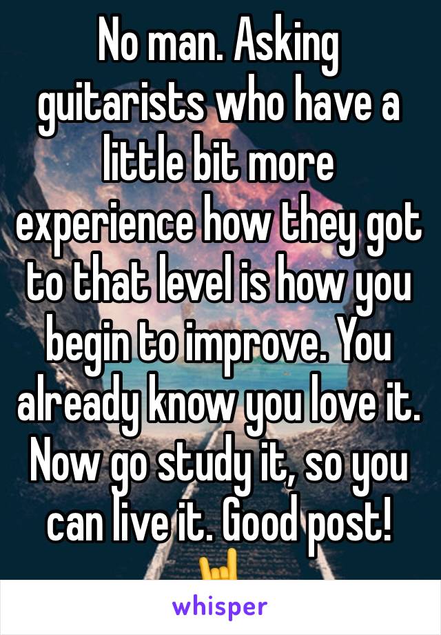 No man. Asking guitarists who have a little bit more experience how they got to that level is how you begin to improve. You already know you love it. Now go study it, so you can live it. Good post! 🤘