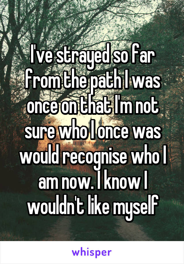 I've strayed so far from the path I was once on that I'm not sure who I once was would recognise who I am now. I know I wouldn't like myself