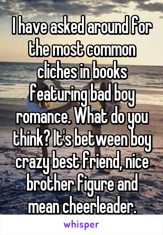I have asked around for the most common cliches in books featuring bad boy romance. What do you think? It's between boy crazy best friend, nice brother figure and mean cheerleader.