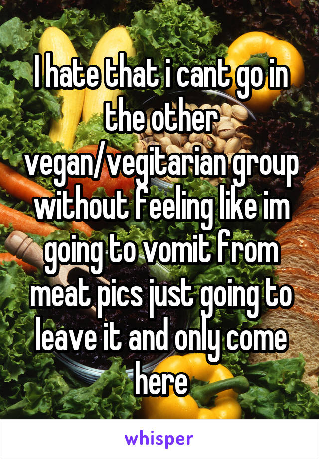 I hate that i cant go in the other vegan/vegitarian group without feeling like im going to vomit from meat pics just going to leave it and only come here