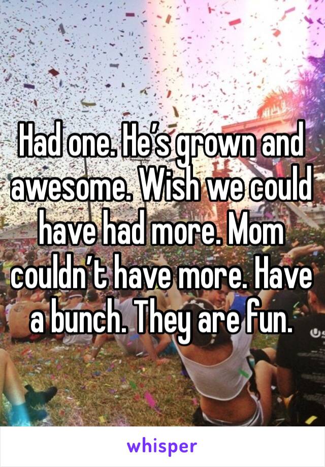 Had one. He’s grown and awesome. Wish we could have had more. Mom couldn’t have more. Have a bunch. They are fun. 