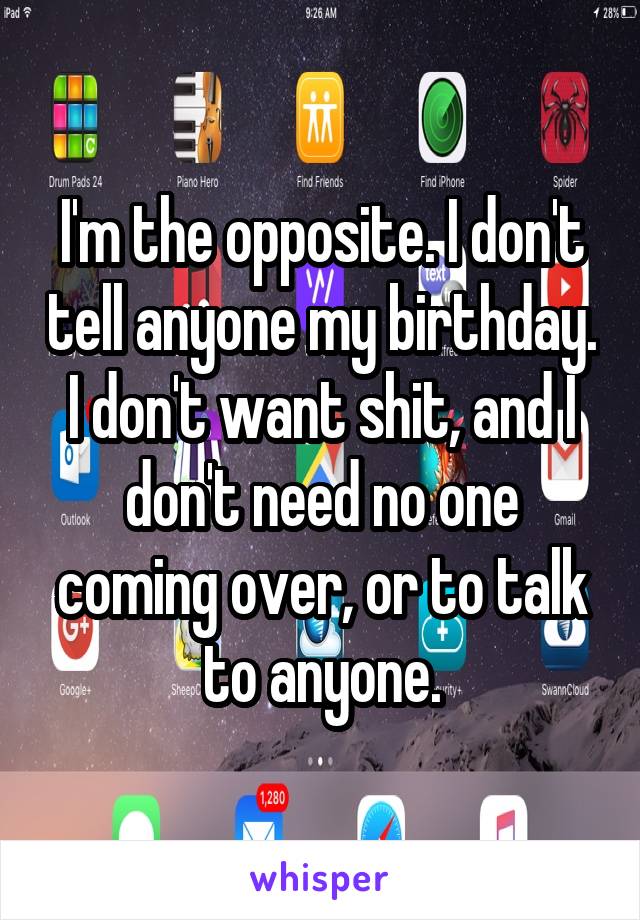 I'm the opposite. I don't tell anyone my birthday. I don't want shit, and I don't need no one coming over, or to talk to anyone.