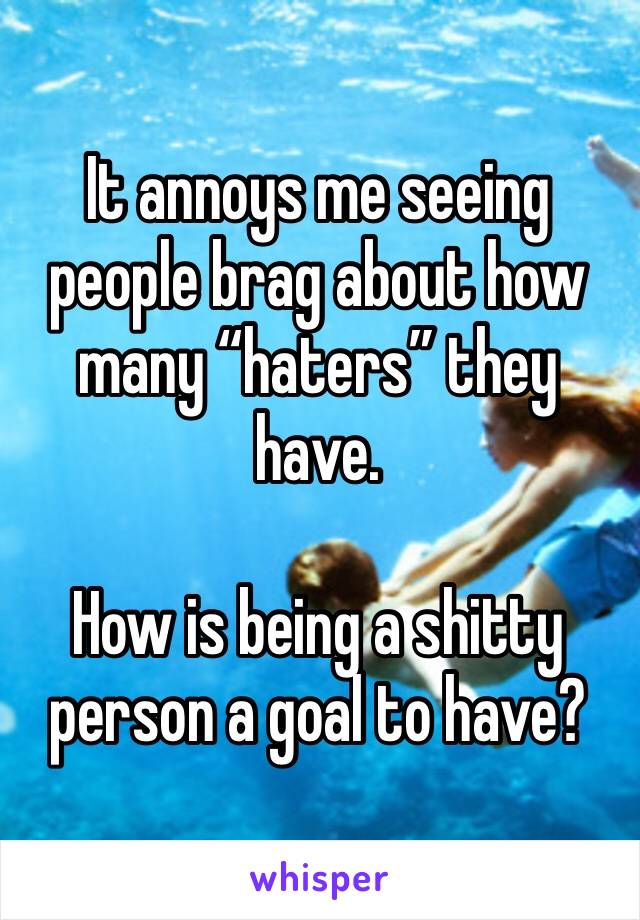 It annoys me seeing people brag about how many “haters” they have. 

How is being a shitty person a goal to have?