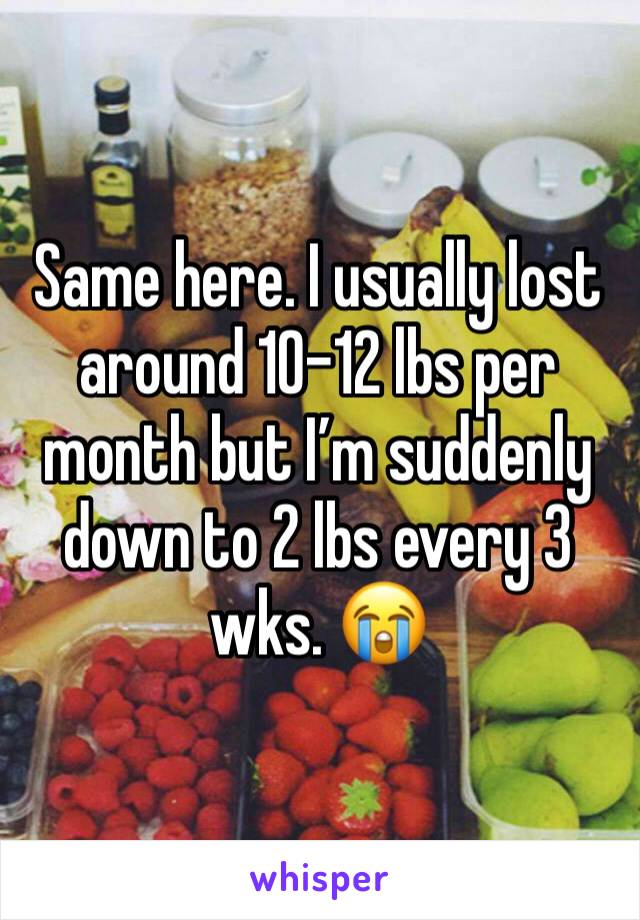 Same here. I usually lost around 10-12 lbs per month but I’m suddenly down to 2 lbs every 3 wks. 😭