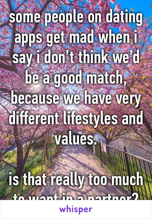 some people on dating apps get mad when i say i don’t think we’d be a good match, because we have very different lifestyles and values.

is that really too much to want in a partner?