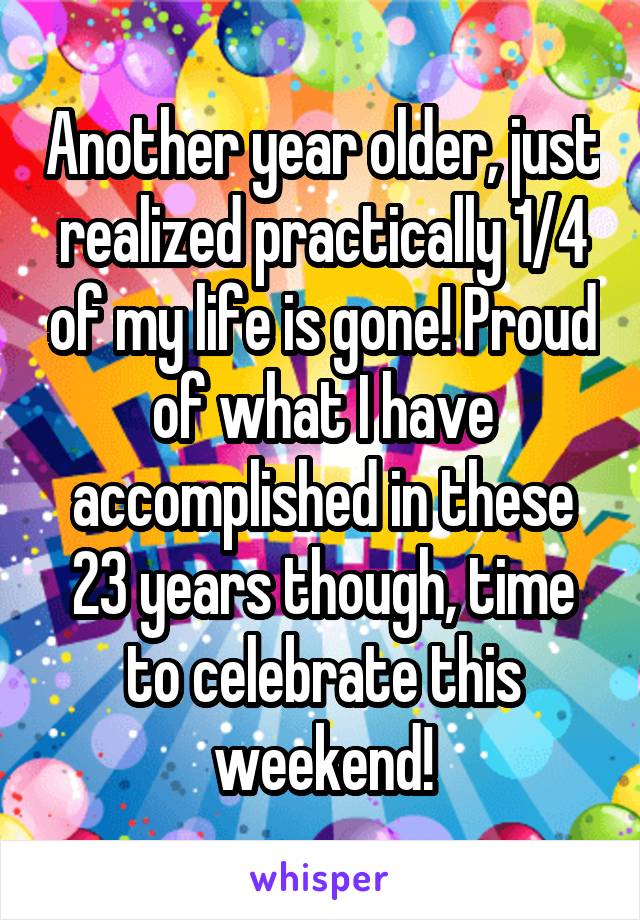 Another year older, just realized practically 1/4 of my life is gone! Proud of what I have accomplished in these 23 years though, time to celebrate this weekend!