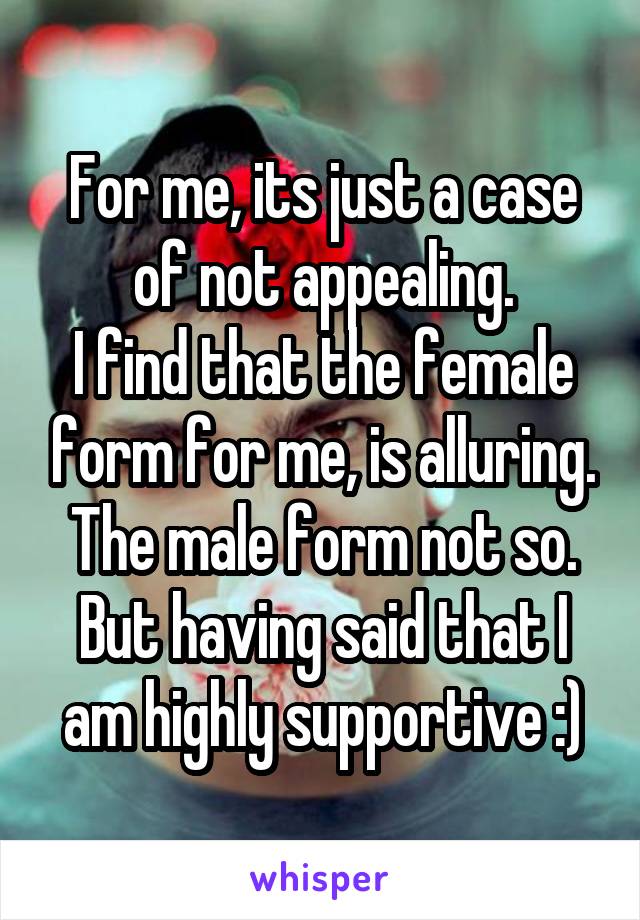 For me, its just a case of not appealing.
I find that the female form for me, is alluring. The male form not so.
But having said that I am highly supportive :)