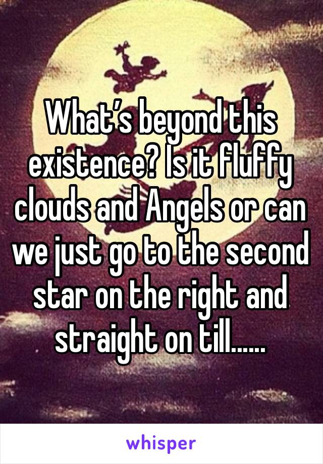 What’s beyond this existence? Is it fluffy clouds and Angels or can we just go to the second star on the right and straight on till......
