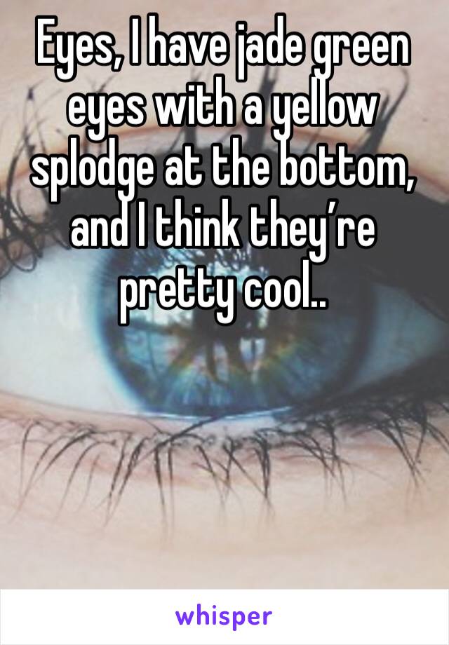 Eyes, I have jade green eyes with a yellow splodge at the bottom, and I think they’re pretty cool..