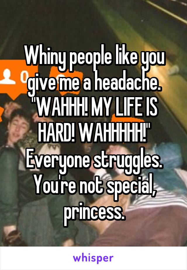 Whiny people like you give me a headache. "WAHHH! MY LIFE IS HARD! WAHHHHH!" Everyone struggles. You're not special, princess.