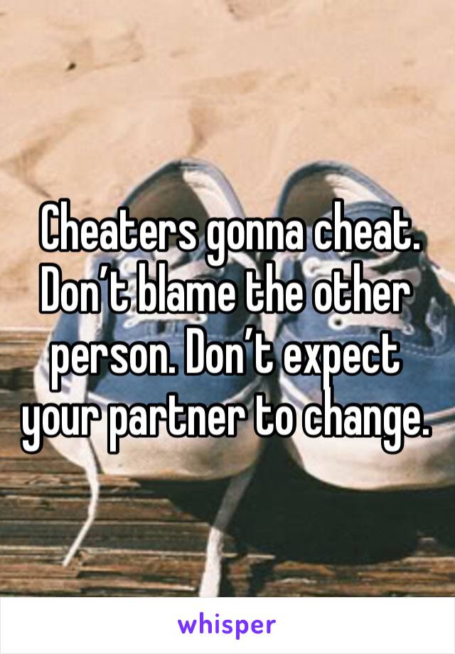  Cheaters gonna cheat. Don’t blame the other person. Don’t expect your partner to change. 
