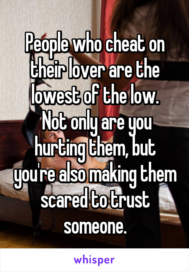 People who cheat on their lover are the lowest of the low.
 Not only are you hurting them, but you're also making them scared to trust someone.