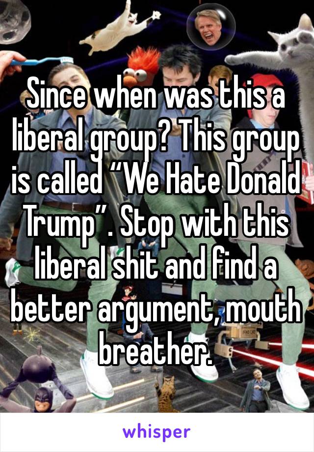 Since when was this a liberal group? This group is called “We Hate Donald Trump”. Stop with this liberal shit and find a better argument, mouth breather. 