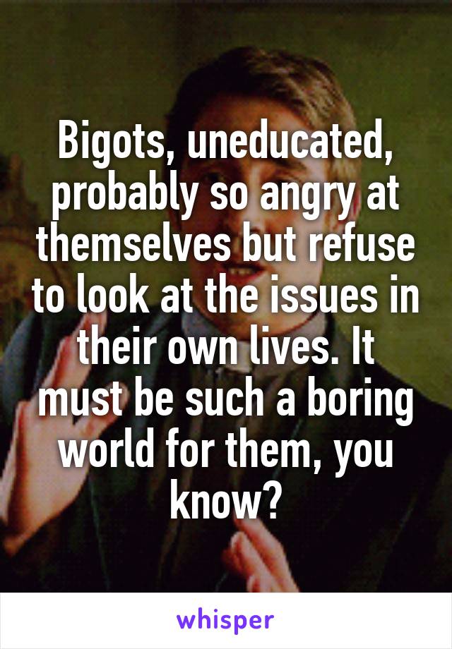 Bigots, uneducated, probably so angry at themselves but refuse to look at the issues in their own lives. It must be such a boring world for them, you know?