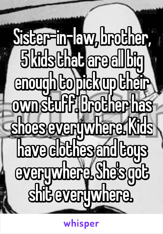 Sister-in-law, brother, 5 kids that are all big enough to pick up their own stuff. Brother has shoes everywhere. Kids have clothes and toys everywhere. She's got shit everywhere. 