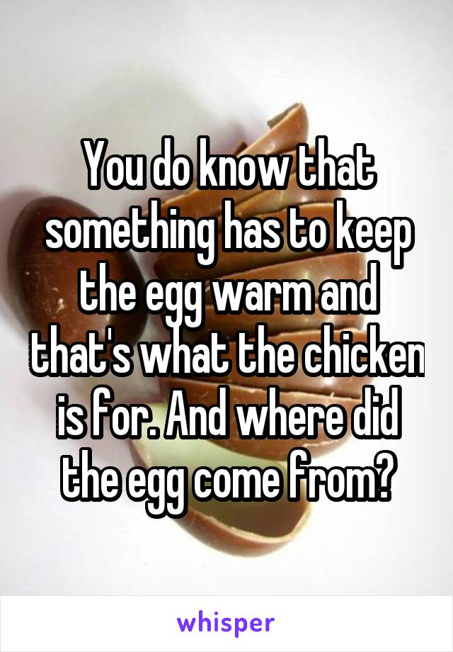 You do know that something has to keep the egg warm and that's what the chicken is for. And where did the egg come from?
