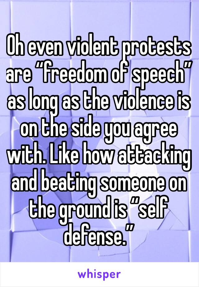 Oh even violent protests are “freedom of speech” as long as the violence is on the side you agree with. Like how attacking and beating someone on the ground is “self defense.”