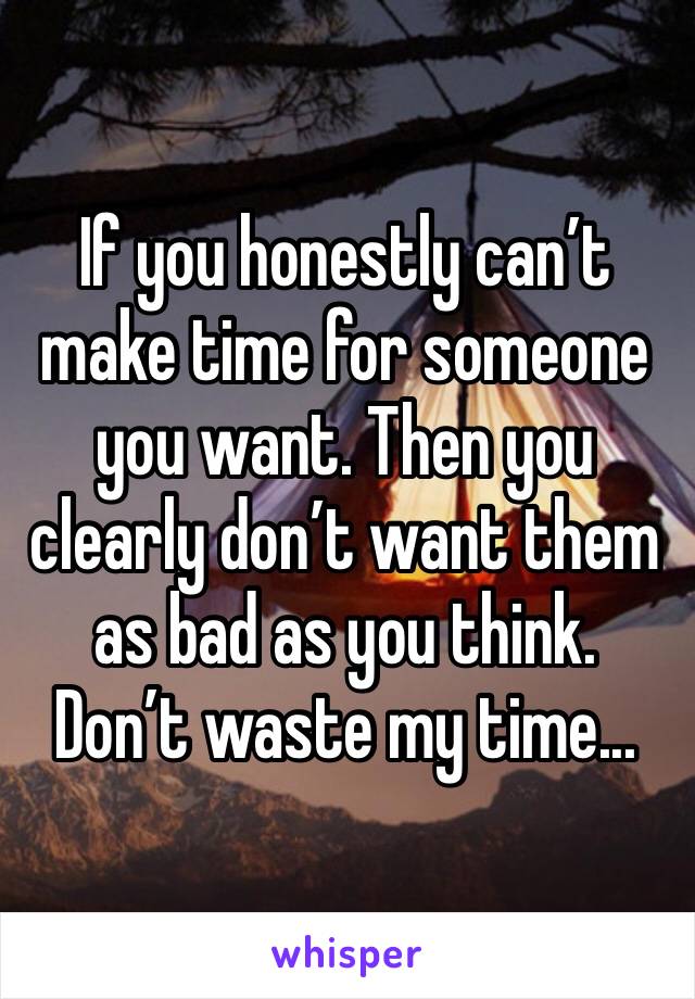 If you honestly can’t make time for someone you want. Then you clearly don’t want them as bad as you think. 
Don’t waste my time...