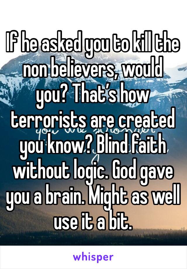 If he asked you to kill the non believers, would you? That’s how terrorists are created you know? Blind faith without logic. God gave you a brain. Might as well use it a bit.
