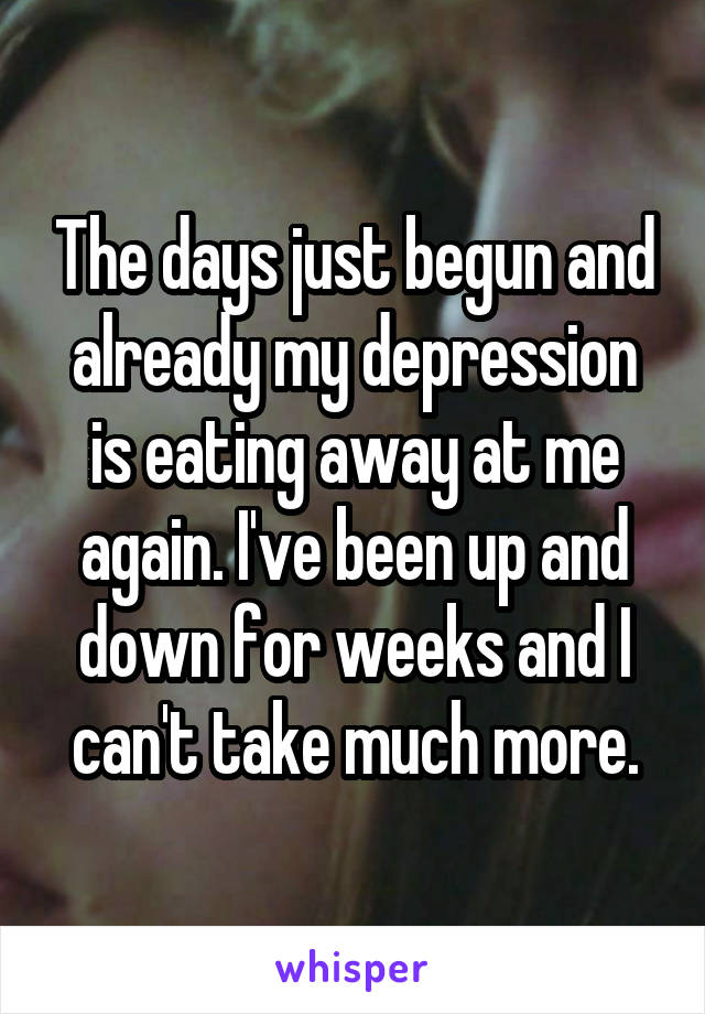 The days just begun and already my depression is eating away at me again. I've been up and down for weeks and I can't take much more.