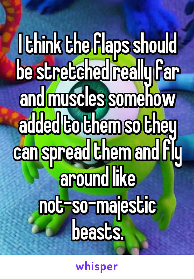 I think the flaps should be stretched really far and muscles somehow added to them so they can spread them and fly around like not-so-majestic beasts.