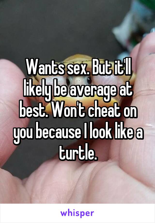 Wants sex. But it'll likely be average at best. Won't cheat on you because I look like a turtle.