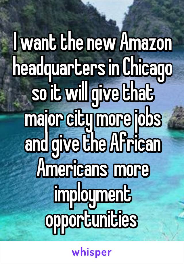 I want the new Amazon headquarters in Chicago so it will give that major city more jobs and give the African Americans  more imployment opportunities 