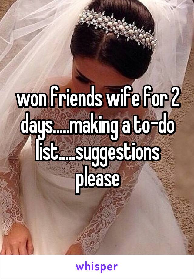 won friends wife for 2 days.....making a to-do list.....suggestions please