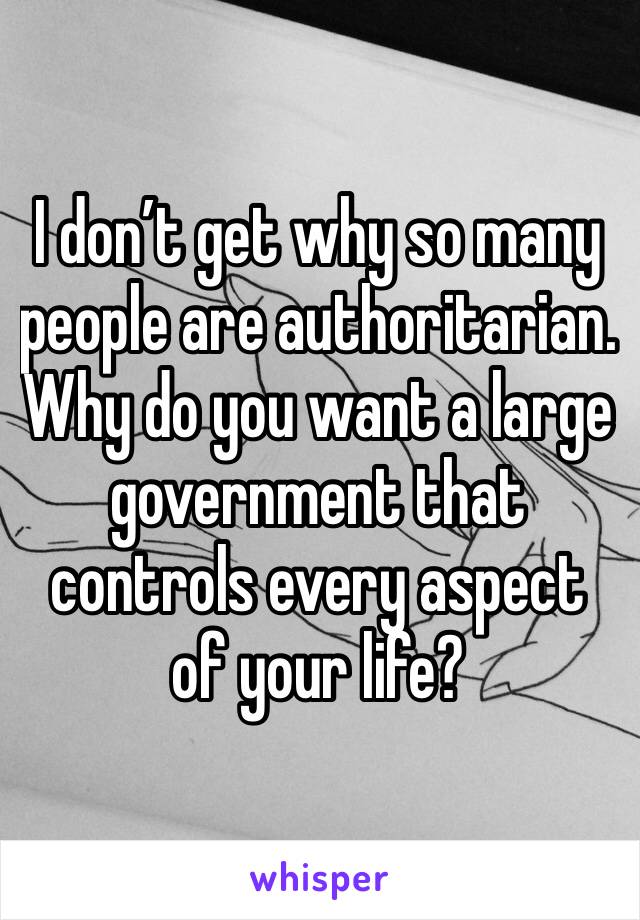 I don’t get why so many people are authoritarian. Why do you want a large government that controls every aspect of your life?