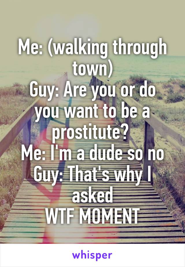 Me: (walking through town)
Guy: Are you or do you want to be a prostitute? 
Me: I'm a dude so no
Guy: That's why I asked
WTF MOMENT