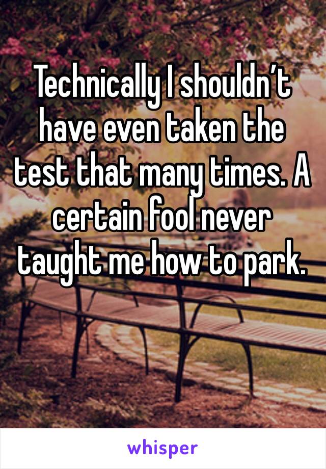 Technically I shouldn’t have even taken the test that many times. A certain fool never taught me how to park. 